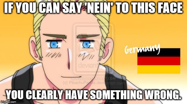 Hetalia Germany | IF YOU CAN SAY 'NEIN' TO THIS FACE; YOU CLEARLY HAVE SOMETHING WRONG. | image tagged in hetalia germany | made w/ Imgflip meme maker