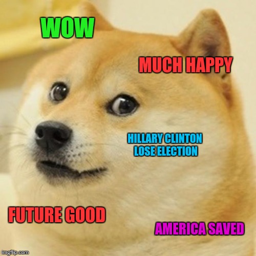 Doge chooses | WOW; MUCH HAPPY; HILLARY CLINTON LOSE ELECTION; FUTURE GOOD; AMERICA SAVED | image tagged in memes,doge | made w/ Imgflip meme maker