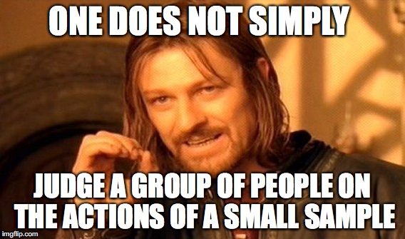 ONE DOES NOT SIMPLY JUDGE A GROUP OF PEOPLE ON THE ACTIONS OF A SMALL SAMPLE | image tagged in memes,one does not simply | made w/ Imgflip meme maker