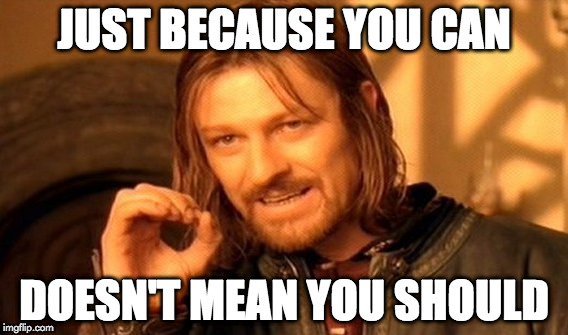JUST BECAUSE YOU CAN DOESN'T MEAN YOU SHOULD | image tagged in memes,one does not simply | made w/ Imgflip meme maker