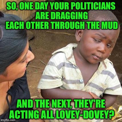 Only in America | SO, ONE DAY YOUR POLITICIANS ARE DRAGGING EACH OTHER THROUGH THE MUD; AND THE NEXT, THEY'RE ACTING ALL LOVEY-DOVEY? | image tagged in memes,third world skeptical kid,hillary,bernie | made w/ Imgflip meme maker