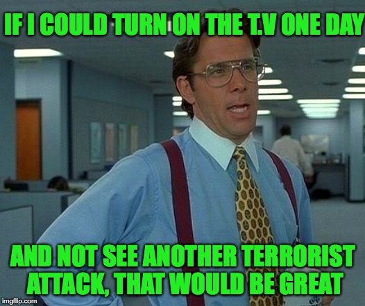 In a perfect world I guess. | IF I COULD TURN ON THE T.V ONE DAY; AND NOT SEE ANOTHER TERRORIST ATTACK, THAT WOULD BE GREAT | image tagged in memes,that would be great,terrorism,news,funny,media | made w/ Imgflip meme maker