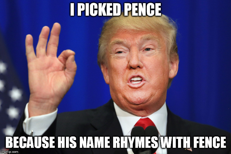 Trump Pence 2016 | I PICKED PENCE; BECAUSE HIS NAME RHYMES WITH FENCE | image tagged in trump,mike pence,donald trump,trump 2016 | made w/ Imgflip meme maker