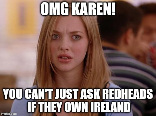 OMG Karen | OMG KAREN! YOU CAN'T JUST ASK REDHEADS IF THEY OWN IRELAND | image tagged in memes,omg karen | made w/ Imgflip meme maker