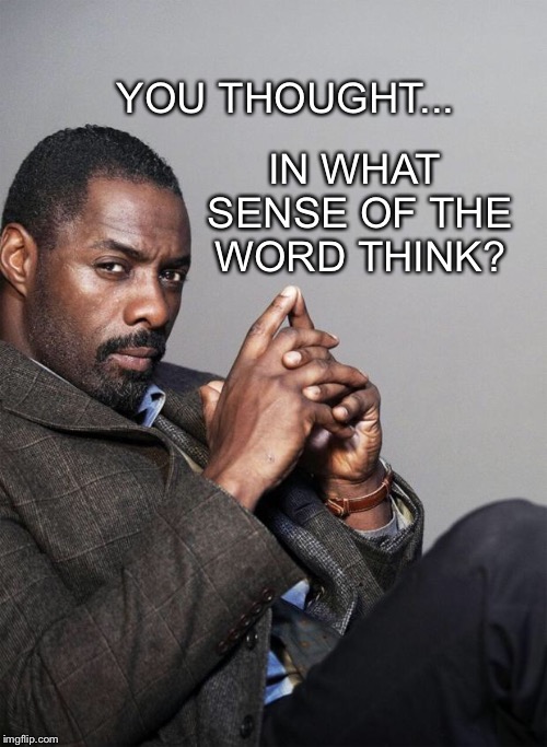 Idris Elba | IN WHAT SENSE OF THE WORD THINK? YOU THOUGHT... | image tagged in idris elba | made w/ Imgflip meme maker