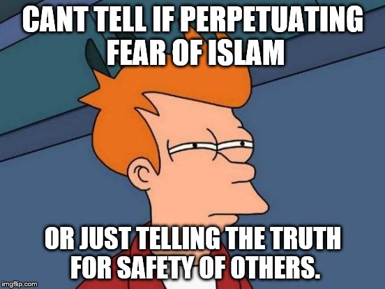 Futurama Fry Meme | CANT TELL IF PERPETUATING FEAR OF ISLAM; OR JUST TELLING THE TRUTH FOR SAFETY OF OTHERS. | image tagged in memes,futurama fry | made w/ Imgflip meme maker