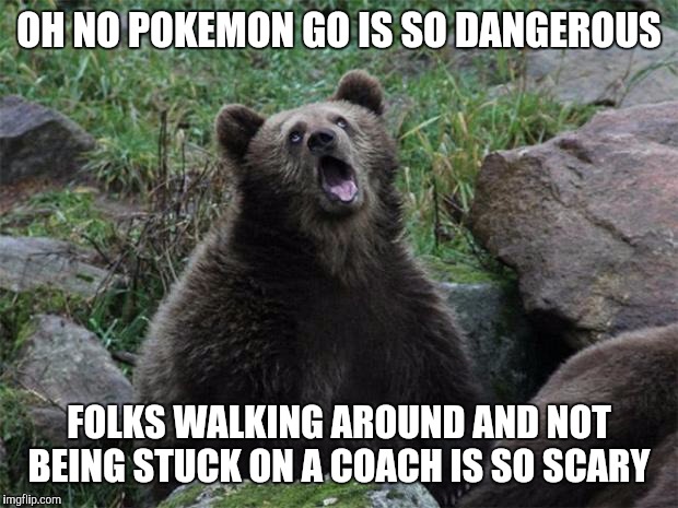 Sarcastic Bear | OH NO POKEMON GO IS SO DANGEROUS; FOLKS WALKING AROUND AND NOT BEING STUCK ON A COACH IS SO SCARY | image tagged in sarcastic bear,AdviceAnimals | made w/ Imgflip meme maker