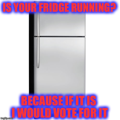 We're screwed  | IS YOUR FRIDGE RUNNING? BECAUSE IF IT IS I WOULD VOTE FOR IT | image tagged in fridge,memes,funny,election 2016,hillary,trump | made w/ Imgflip meme maker