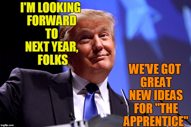 DONALD'S PLANNING AHEAD | I'M LOOKING FORWARD TO NEXT YEAR,  FOLKS; WE'VE GOT GREAT NEW IDEAS FOR "THE APPRENTICE" | image tagged in donald trump no2 | made w/ Imgflip meme maker