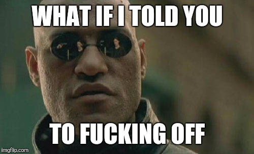 WHAT IF I TOLD YOU TO F**KING OFF | image tagged in memes,matrix morpheus | made w/ Imgflip meme maker