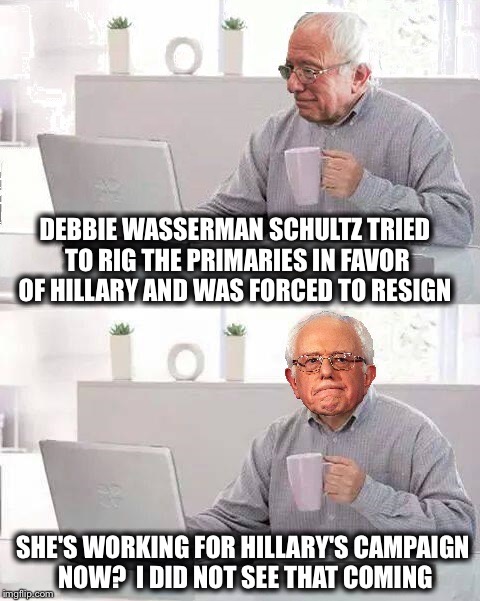 What a coinkydink | DEBBIE WASSERMAN SCHULTZ TRIED TO RIG THE PRIMARIES IN FAVOR OF HILLARY AND WAS FORCED TO RESIGN; SHE'S WORKING FOR HILLARY'S CAMPAIGN NOW?  I DID NOT SEE THAT COMING | image tagged in hide the pain bernie,memes,funny,hillary,corrupt | made w/ Imgflip meme maker