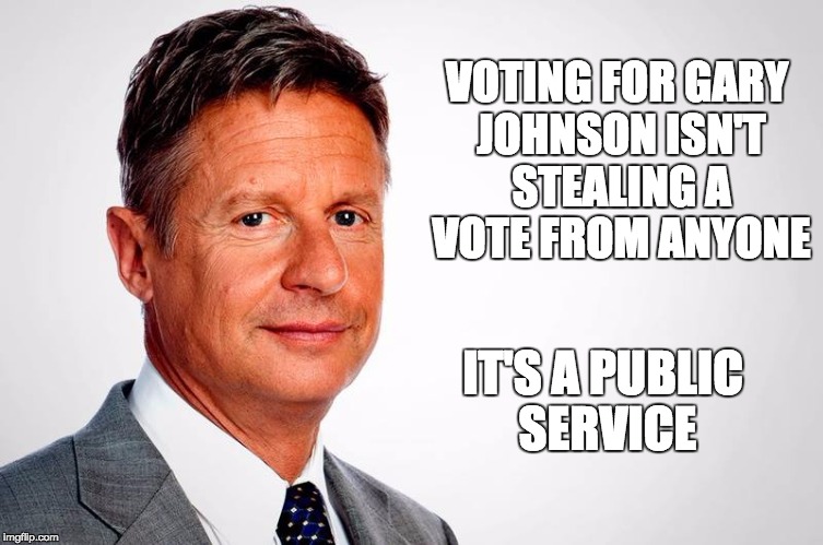 Vote Your Conscience | VOTING FOR GARY JOHNSON ISN'T STEALING A VOTE FROM ANYONE; IT'S A PUBLIC SERVICE | image tagged in gary johnson,vote,2016,election | made w/ Imgflip meme maker