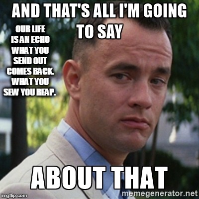 Forrest Gump | OUR LIFE IS AN ECHO WHAT YOU SEND OUT COMES BACK. WHAT YOU SEW YOU REAP. | image tagged in life | made w/ Imgflip meme maker
