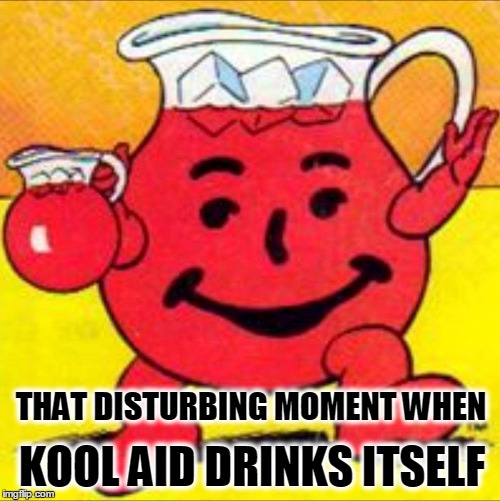 THAT DISTURBING MOMENT WHEN; KOOL AID DRINKS ITSELF | image tagged in kool aid,kool aid man,cognitive dissonance,brainwashed,willful ignorance | made w/ Imgflip meme maker