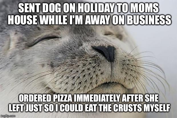 Satisfied Seal Meme | SENT DOG ON HOLIDAY TO MOMS HOUSE WHILE I'M AWAY ON BUSINESS; ORDERED PIZZA IMMEDIATELY AFTER SHE LEFT JUST SO I COULD EAT THE CRUSTS MYSELF | image tagged in memes,satisfied seal,AdviceAnimals | made w/ Imgflip meme maker