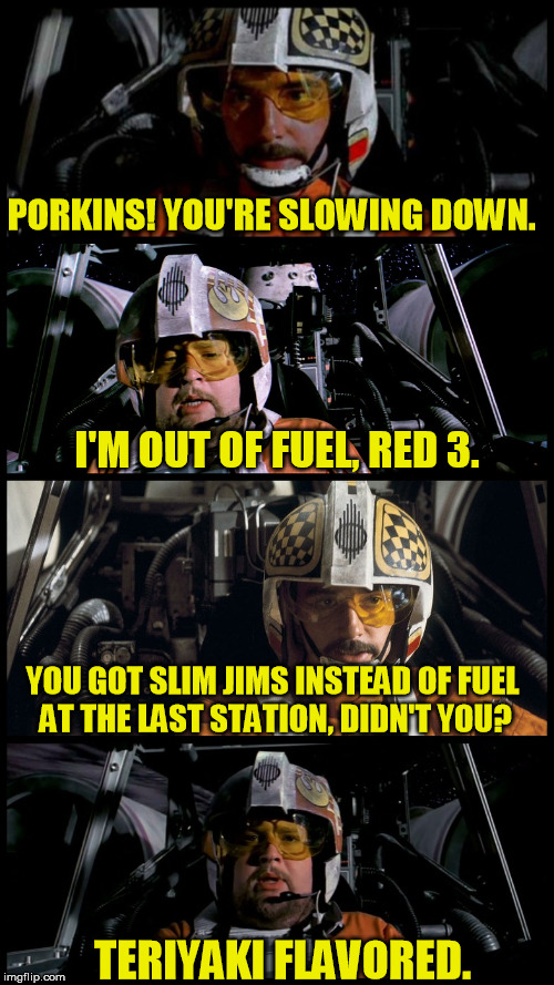Star Wars Porkins | PORKINS! YOU'RE SLOWING DOWN. I'M OUT OF FUEL, RED 3. YOU GOT SLIM JIMS INSTEAD OF FUEL AT THE LAST STATION, DIDN'T YOU? TERIYAKI FLAVORED. | image tagged in star wars porkins,memes,porkins,star wars | made w/ Imgflip meme maker