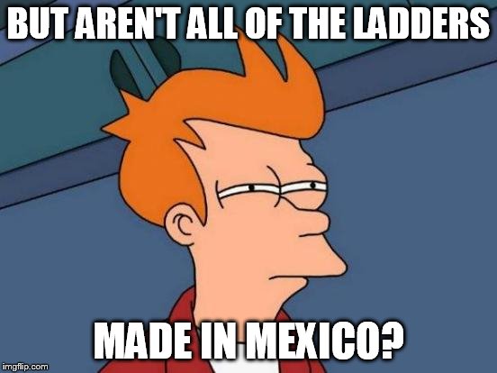 Futurama Fry Meme | BUT AREN'T ALL OF THE LADDERS MADE IN MEXICO? | image tagged in memes,futurama fry | made w/ Imgflip meme maker