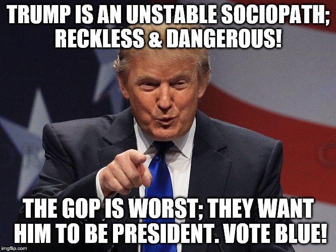 Donald Trump  | TRUMP IS AN UNSTABLE SOCIOPATH; RECKLESS & DANGEROUS! THE GOP IS WORST; THEY WANT HIM TO BE PRESIDENT. VOTE BLUE! | image tagged in donald trump | made w/ Imgflip meme maker
