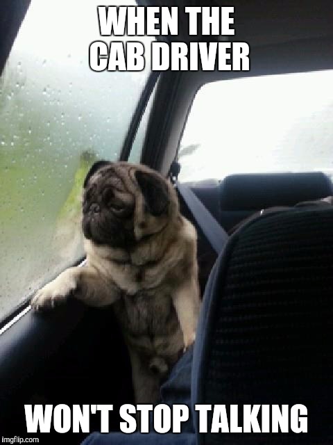 I just want to reach my destination in peace... | WHEN THE CAB DRIVER; WON'T STOP TALKING | image tagged in introspective pug,sigh,taxi,memes | made w/ Imgflip meme maker