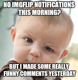 Skeptical Baby | NO IMGFLIP NOTIFICATIONS THIS MORNING? BUT I MADE SOME REALLY FUNNY COMMENTS YESTERDAY | image tagged in memes,skeptical baby | made w/ Imgflip meme maker