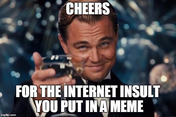CHEERS FOR THE INTERNET INSULT YOU PUT IN A MEME | image tagged in memes,leonardo dicaprio cheers | made w/ Imgflip meme maker