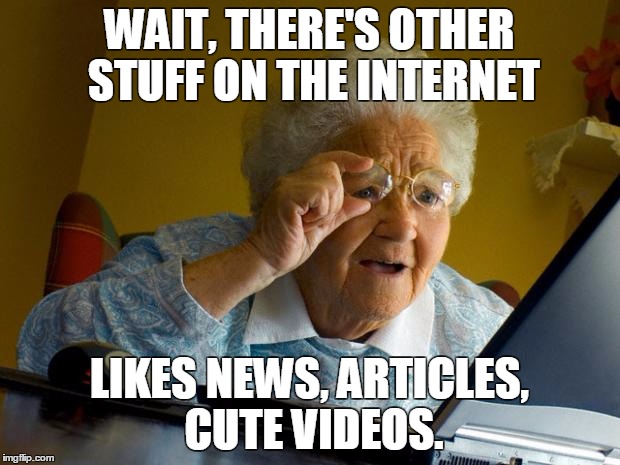 Old lady at computer finds the Internet | WAIT, THERE'S OTHER STUFF ON THE INTERNET; LIKES NEWS, ARTICLES, CUTE VIDEOS. | image tagged in old lady at computer finds the internet | made w/ Imgflip meme maker