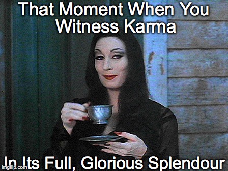 That Moment When You; Witness Karma; In Its Full, Glorious Splendour | image tagged in morticia,tea,mad karma | made w/ Imgflip meme maker