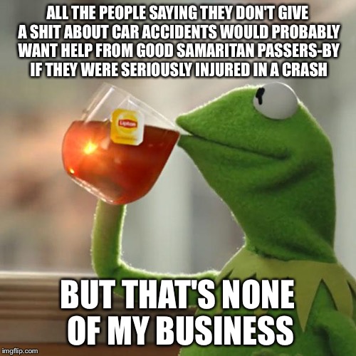 But That's None Of My Business Meme | ALL THE PEOPLE SAYING THEY DON'T GIVE A SHIT ABOUT CAR ACCIDENTS WOULD PROBABLY WANT HELP FROM GOOD SAMARITAN PASSERS-BY IF THEY WERE SERIOUSLY INJURED IN A CRASH; BUT THAT'S NONE OF MY BUSINESS | image tagged in memes,but thats none of my business,kermit the frog | made w/ Imgflip meme maker