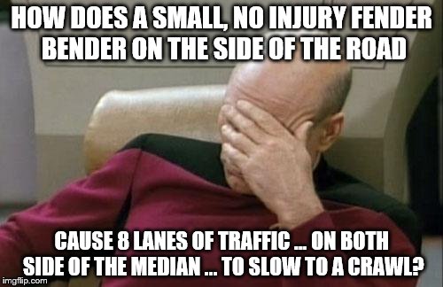 Captain Picard Facepalm Meme | HOW DOES A SMALL, NO INJURY FENDER BENDER ON THE SIDE OF THE ROAD; CAUSE 8 LANES OF TRAFFIC ... ON BOTH SIDE OF THE MEDIAN ... TO SLOW TO A CRAWL? | image tagged in memes,captain picard facepalm | made w/ Imgflip meme maker