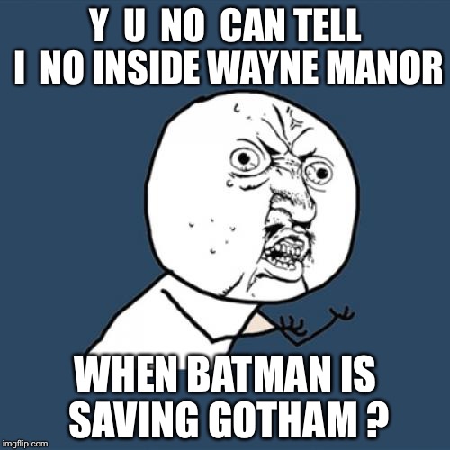 Y U No Meme | Y  U  NO  CAN TELL I  NO INSIDE WAYNE MANOR WHEN BATMAN IS SAVING GOTHAM ? | image tagged in memes,y u no | made w/ Imgflip meme maker