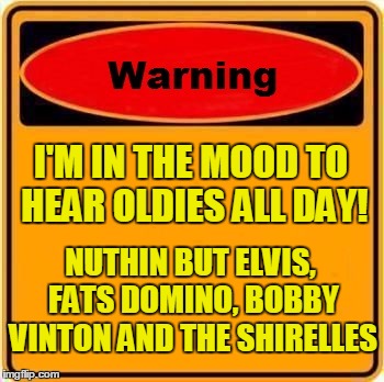If you don't like GREAT MUSIC,  you might wanna go out for a while! | I'M IN THE MOOD TO HEAR OLDIES ALL DAY! NUTHIN BUT ELVIS, FATS DOMINO, BOBBY VINTON AND THE SHIRELLES | image tagged in memes,warning sign | made w/ Imgflip meme maker