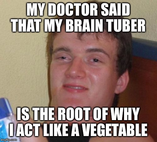 10 guy had his veggies | MY DOCTOR SAID THAT MY BRAIN TUBER; IS THE ROOT OF WHY I ACT LIKE A VEGETABLE | image tagged in memes,10 guy,vegetables,bad pun,stoner | made w/ Imgflip meme maker