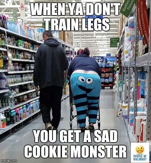 People of Walmart - Cookie Monster | WHEN YA DON'T TRAIN LEGS; YOU GET A SAD COOKIE MONSTER | image tagged in people of walmart - cookie monster | made w/ Imgflip meme maker
