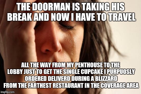 First World Problems | THE DOORMAN IS TAKING HIS BREAK AND NOW I HAVE TO TRAVEL; ALL THE WAY FROM MY PENTHOUSE TO THE LOBBY JUST TO GET THE SINGLE CUPCAKE I PURPUOSLY ORDERED DELIVERD DURING A BLIZZARD FROM THE FARTHEST RESTAURANT IN THE COVERAGE AREA | image tagged in memes,first world problems | made w/ Imgflip meme maker