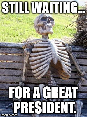 Probably won't happen | STILL WAITING... FOR A GREAT PRESIDENT. | image tagged in memes,waiting skeleton,aegis_runestone,president | made w/ Imgflip meme maker