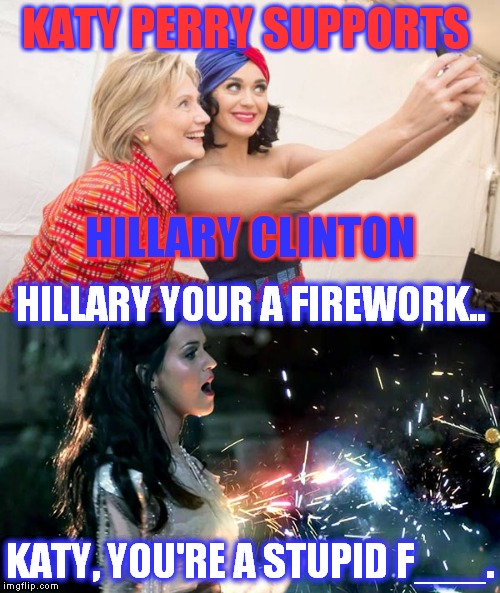 How idiots love them some idiots | KATY PERRY SUPPORTS; HILLARY CLINTON; HILLARY YOUR A FIREWORK.. KATY, YOU'RE A STUPID F___. | image tagged in memes,politics,celebrity,katy perry,hillary clinton,stupid people | made w/ Imgflip meme maker