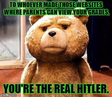 I do make good grades, but that's just evil! | TO WHOEVER MADE THOSE WEBSITES WHERE PARENTS CAN VIEW YOUR GRADES, YOU'RE THE REAL HITLER. | image tagged in memes,ted,template quest,funny | made w/ Imgflip meme maker