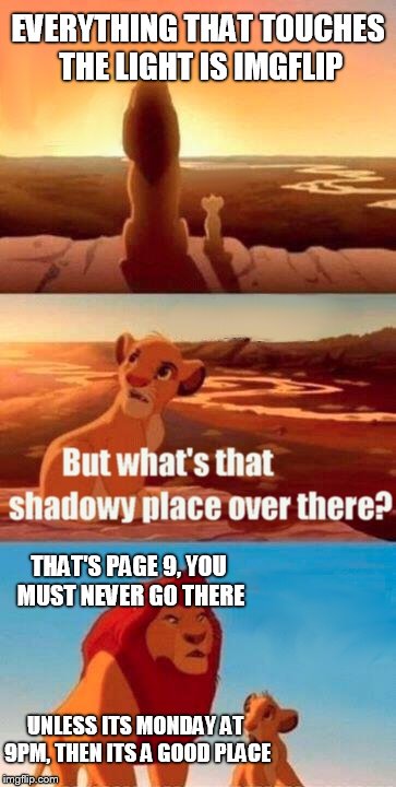 Simba Shadowy Place | EVERYTHING THAT TOUCHES THE LIGHT IS IMGFLIP; THAT'S PAGE 9, YOU MUST NEVER GO THERE; UNLESS ITS MONDAY AT 9PM, THEN ITS A GOOD PLACE | image tagged in memes,simba shadowy place,imgflip,page 9,page 9 party,upvotes | made w/ Imgflip meme maker
