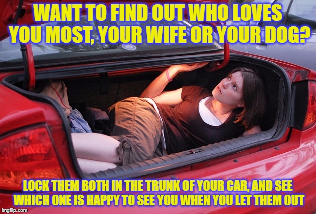 WANT TO FIND OUT WHO LOVES YOU MOST, YOUR WIFE OR YOUR DOG? LOCK THEM BOTH IN THE TRUNK OF YOUR CAR, AND SEE WHICH ONE IS HAPPY TO SEE YOU WHEN YOU LET THEM OUT | image tagged in wife,dog | made w/ Imgflip meme maker