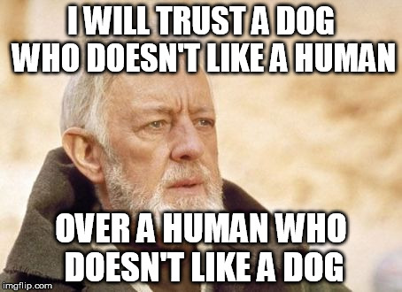 Obi Wan Kenobi | I WILL TRUST A DOG WHO DOESN'T LIKE A HUMAN; OVER A HUMAN WHO DOESN'T LIKE A DOG | image tagged in memes,obi wan kenobi | made w/ Imgflip meme maker