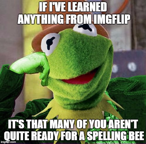 Condescending Meme War Champion Kermit | IF I'VE LEARNED ANYTHING FROM IMGFLIP; IT'S THAT MANY OF YOU AREN'T QUITE READY FOR A SPELLING BEE | image tagged in condescending meme war champion kermit | made w/ Imgflip meme maker