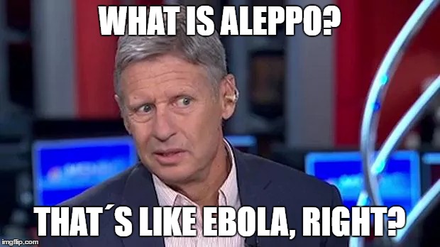 What is Aleppo? | WHAT IS ALEPPO? THAT´S LIKE EBOLA, RIGHT? | image tagged in meme,gary johnson,libertarian,election 2016,syria,aleppo | made w/ Imgflip meme maker