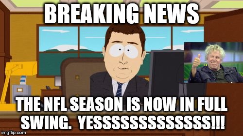 NFL season starts | BREAKING NEWS; THE NFL SEASON IS NOW IN FULL SWING.  YESSSSSSSSSSSSS!!! | image tagged in breaking news,nfl memes,nfl football,nfl season starts,are you ready for some football,gary busey | made w/ Imgflip meme maker