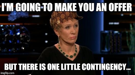 Scumbag Barbara | I'M GOING TO MAKE YOU AN OFFER; BUT THERE IS ONE LITTLE CONTINGENCY... | image tagged in barbara shark tank,scumbag | made w/ Imgflip meme maker