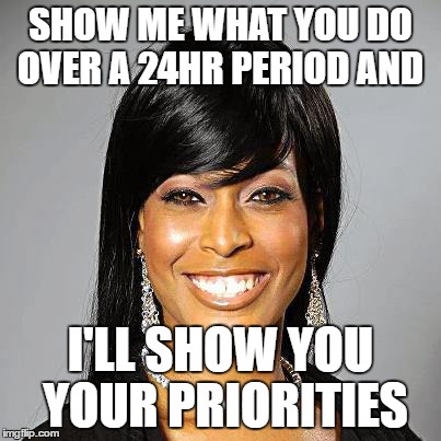 Your Priorities | SHOW ME WHAT YOU DO OVER A 24HR PERIOD AND; I'LL SHOW YOU YOUR PRIORITIES | image tagged in priorities,black woman,black business woman,24 hours,order,inspirational | made w/ Imgflip meme maker