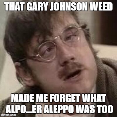 Aleppo....whats Aleppo ? | THAT GARY JOHNSON WEED; MADE ME FORGET WHAT ALPO...ER ALEPPO WAS TOO | image tagged in gary johnson,aleppo,weed | made w/ Imgflip meme maker