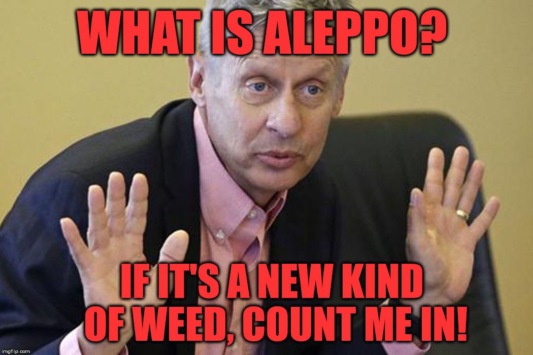 "What is Aleppo?" Gary | WHAT IS ALEPPO? IF IT'S A NEW KIND OF WEED, COUNT ME IN! | image tagged in politics,gary johnson,satire,funny memes | made w/ Imgflip meme maker