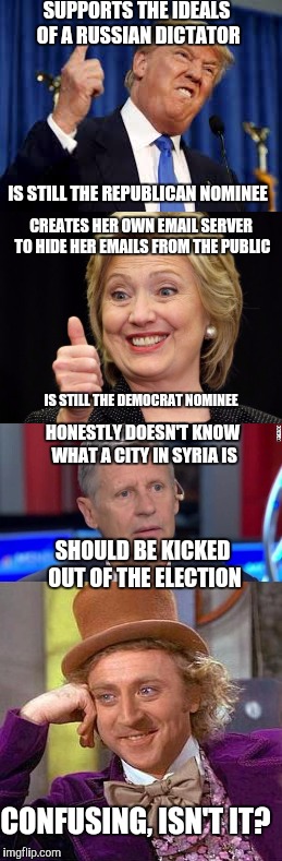 Seriously, is everyone's logic on backwards today? | SUPPORTS THE IDEALS OF A RUSSIAN DICTATOR; IS STILL THE REPUBLICAN NOMINEE; CREATES HER OWN EMAIL SERVER TO HIDE HER EMAILS FROM THE PUBLIC; IS STILL THE DEMOCRAT NOMINEE; HONESTLY DOESN'T KNOW WHAT A CITY IN SYRIA IS; SHOULD BE KICKED OUT OF THE ELECTION; CONFUSING, ISN'T IT? | image tagged in donald trump,hillary clinton,gary johnson,creepy condescending wonka | made w/ Imgflip meme maker