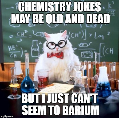 Chemistry Cat | CHEMISTRY JOKES MAY BE OLD AND DEAD; BUT I JUST CAN'T SEEM TO BARIUM | image tagged in memes,chemistry cat | made w/ Imgflip meme maker