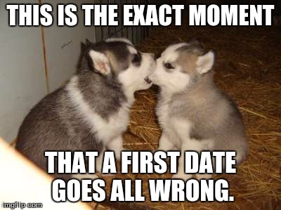 First kiss
 | THIS IS THE EXACT MOMENT; THAT A FIRST DATE GOES ALL WRONG. | image tagged in memes,cute puppies,first kiss,husky,smooth | made w/ Imgflip meme maker